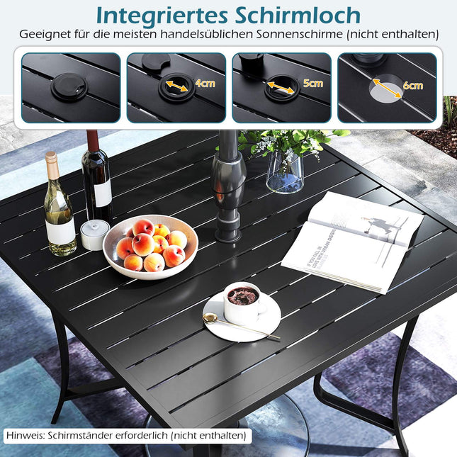 Quadratischer Metall-Terrassentisch mit Schirmloch, Schwarz, 91 cm