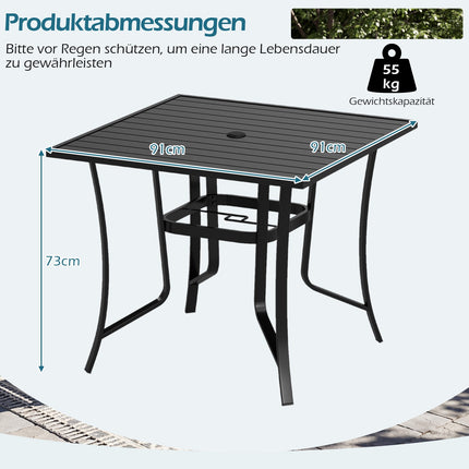 Quadratischer Metall-Terrassentisch mit Schirmloch, Schwarz, 91 cm