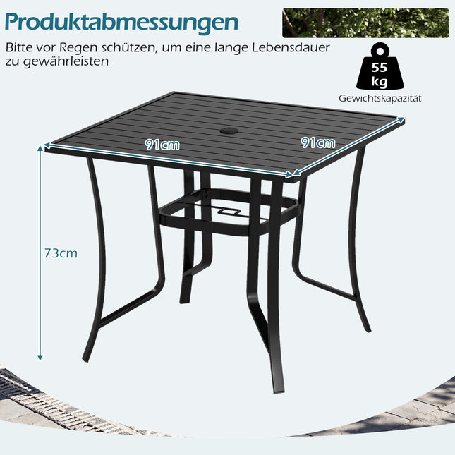 Quadratischer Metall-Terrassentisch mit Schirmloch, Schwarz, 91 cm