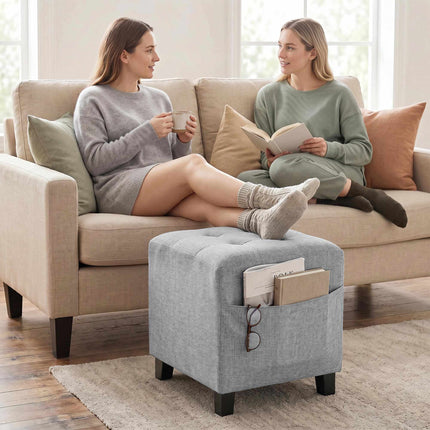 Pouf carré ottoman avec poche latérale, gris clair
