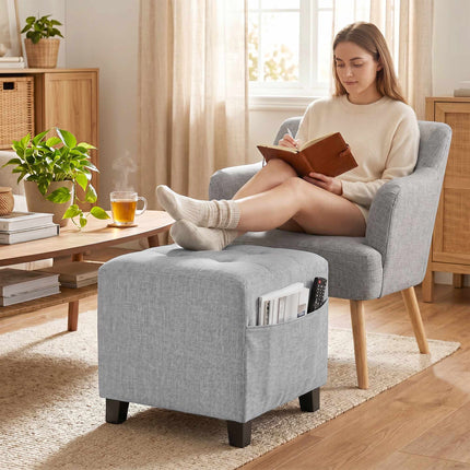Pouf carré ottoman avec poche latérale, gris clair
