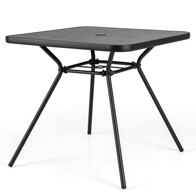 Table de jardin carrée avec plateau en DPC, trou pour parasol, 80 cm