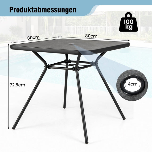 Table de jardin carrée avec plateau en DPC, trou pour parasol, 80 cm