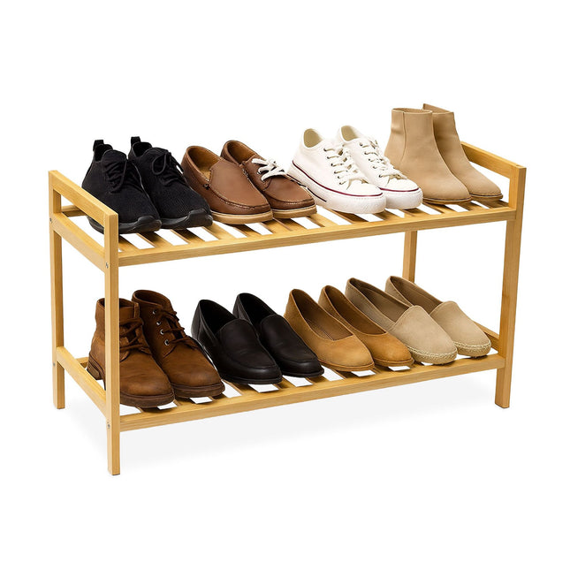 Étagère à chaussures empilable en bambou, 2 niveaux, peut contenir 6 paires