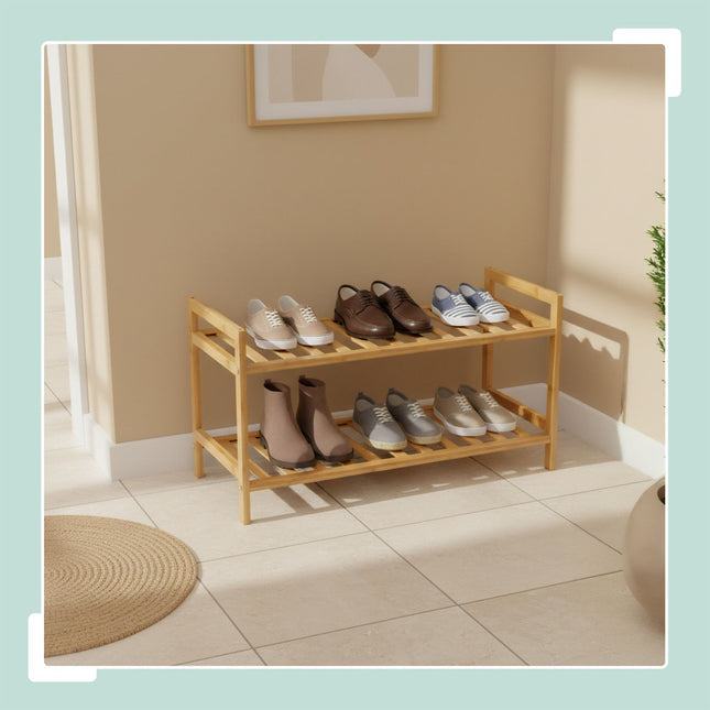 Étagère à chaussures empilable en bambou, 2 niveaux, peut contenir 6 paires