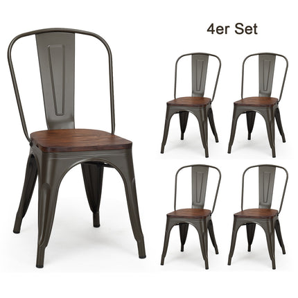 Stapelbare Esszimmerstühle 4er-Set, Metallgestell, Holzsitzfläche – Dunkelgrün