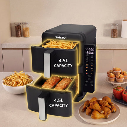 Stapelbare Heißluftfritteuse mit zwei Körben (2 x 4,5 l) mit Sync-Funktion