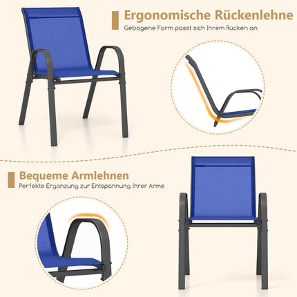 Ensemble de 2 chaises d'extérieur empilables, bleues, en métal et textilène