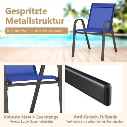 Ensemble de 2 chaises d'extérieur empilables, bleues, en métal et textilène