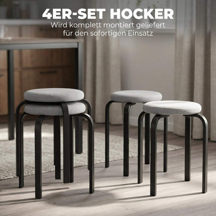Ensemble de 4 tabourets ronds empilables, rembourrés, gris