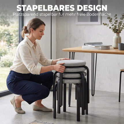 Ensemble de 4 tabourets ronds empilables, rembourrés, gris