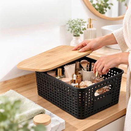 Stackable Storage Boxes with Bamboo Lid, Perforated Plastic, Black