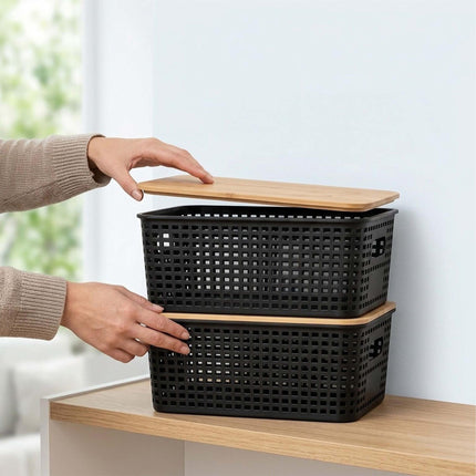 Stackable Storage Boxes with Bamboo Lid, Perforated Plastic, Black