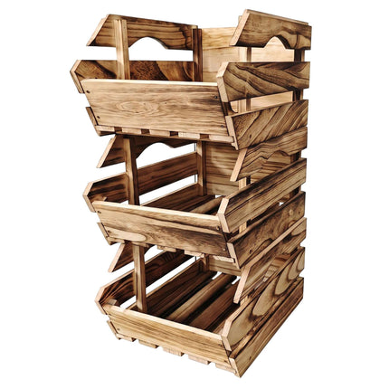 Ensemble de 3 caisses en bois empilables, finition flammée