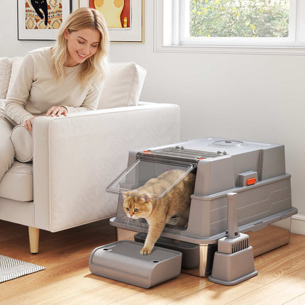 Bac à litière pour chat en acier inoxydable, 130 L, couvercle rabattable, bords hauts