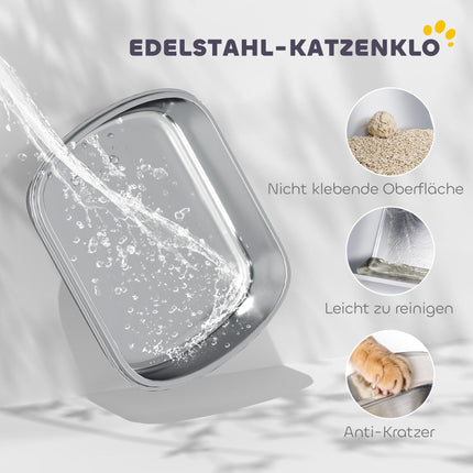Katzenklo aus Edelstahl mit Deckel, Schaufel, 52x41x42 cm
