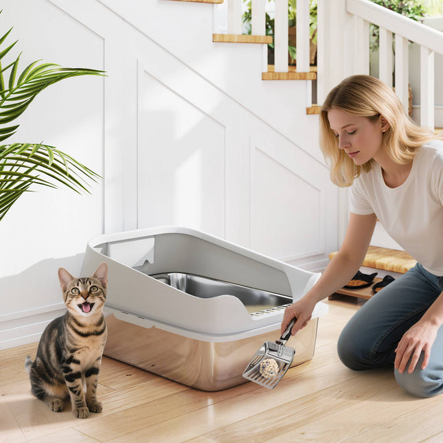 Bac à litière pour chat en acier inoxydable avec pelle, bords hauts, XL