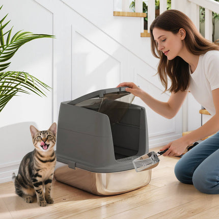 Katzentoilette aus Edelstahl mit Abdeckung, Schaufel, Dunkelgrau