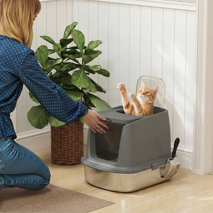 Katzentoilette aus Edelstahl mit Abdeckung, Schaufel, Dunkelgrau