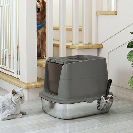 Katzentoilette aus Edelstahl mit Abdeckung, Schaufel, Dunkelgrau