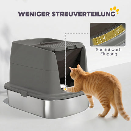Katzentoilette aus Edelstahl mit Abdeckung, Schaufel, Dunkelgrau