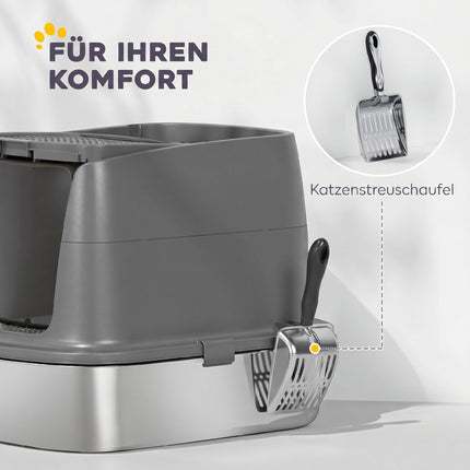 Katzentoilette aus Edelstahl mit Abdeckung, Schaufel, Dunkelgrau