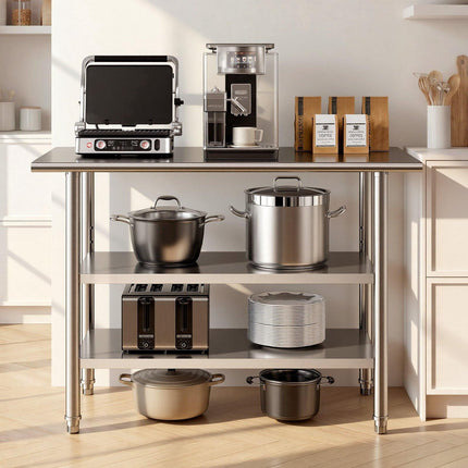 Stainless Steel Work Table 48x24 in, 2 Shelves, Hooks
