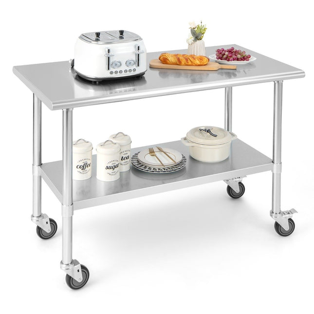 Table de travail en acier inoxydable avec roulettes et étagère réglable