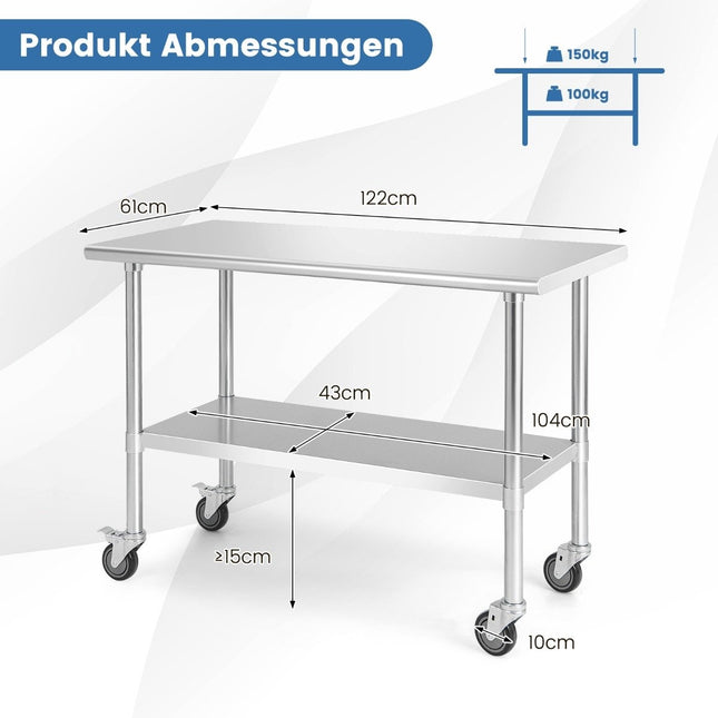 Table de travail en acier inoxydable avec roulettes et étagère réglable