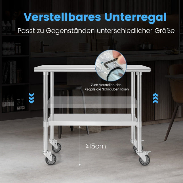 Table de travail en acier inoxydable, table de cuisine, acier inoxydable argenté, 91,5 x 61 x 88,5 cm