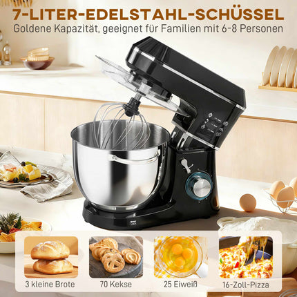 Robot pâtissier avec bol en acier inoxydable de 7 L, 1400 W, noir