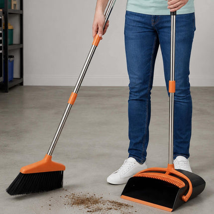 Ensemble balai et pelle sur pied, manche réglable, noir/orange