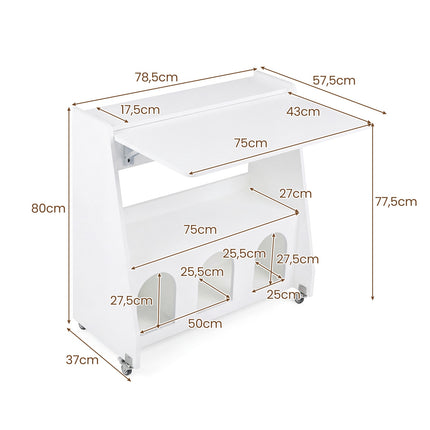 Bureau assis-debout à roulettes, plateau pliable, gain de place, blanc