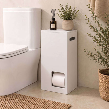 Standing Toilet Roll Storage for 8 Rolls with Side Handle, White, MDF