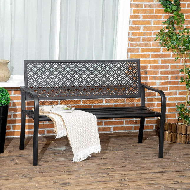 Banc De Jardin En Acier, Banc De Parc 2 Places Avec Dossier Et Accoudoirs, Banc À Motif Floral, Max. 240 Kg, Noir, 127 X 63 X 83 Cm.