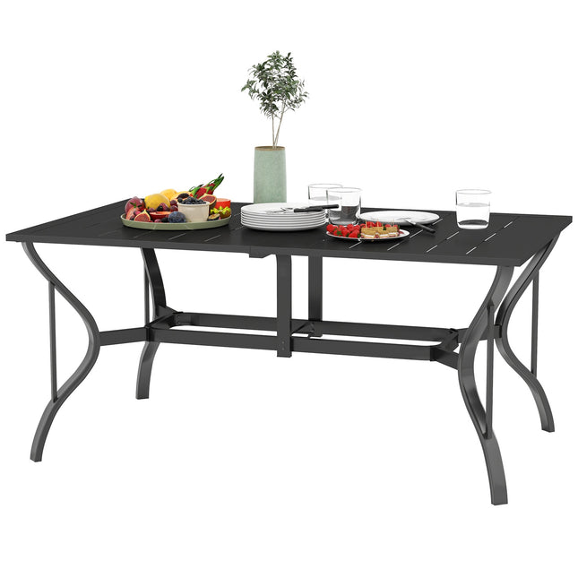 Table de jardin en acier 150 x 90 cm, table de balcon résistante aux intempéries avec trou pour parasol, table de buffet design à lattes, table de camping pour 6 personnes, table de patio, table de salle à manger d'extérieur pour jardin, terrasse, ba