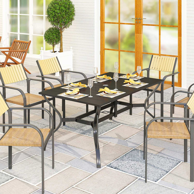 Table de jardin en acier 150 x 90 cm, table de balcon résistante aux intempéries avec trou pour parasol, table de buffet design à lattes, table de camping pour 6 personnes, table de patio, table de salle à manger d'extérieur pour jardin, terrasse, ba