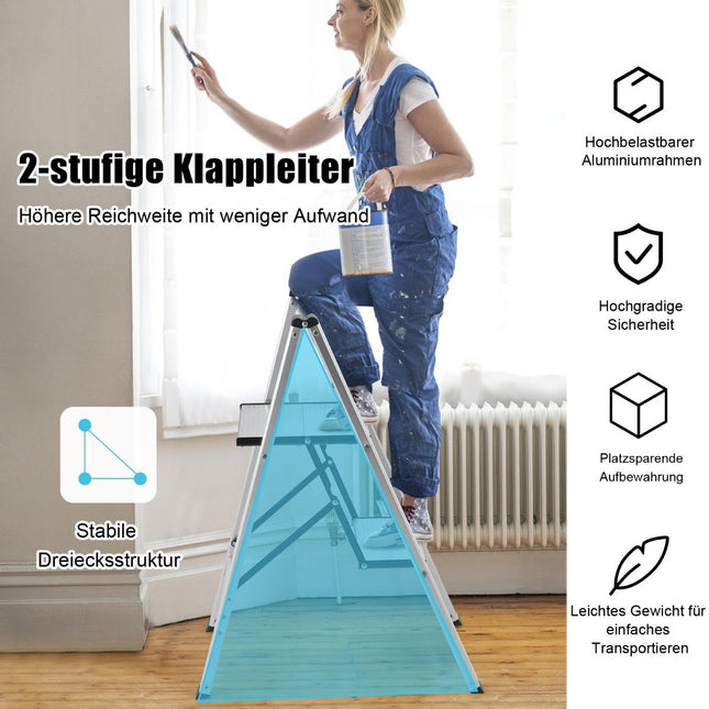 Escabeau 2 marches en aluminium pliable jusqu'à 150 kg argent