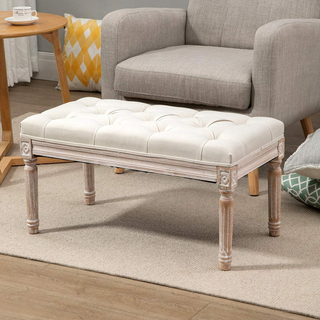 Hocker in Leinenoptik mit gepolsterter Sitzfläche und Holzbeinen