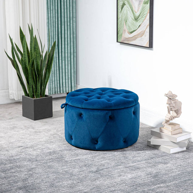 Runder Samt-Aufbewahrungs-Ottoman – Blau, Ø60 x 40 cm