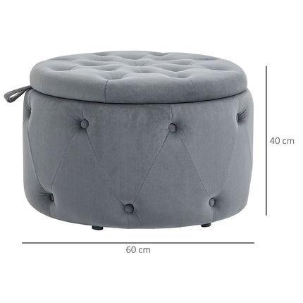 Tabouret Avec Espace De Rangement, Boîte De Rangement Pour Tabouret Rembourré Avec Couvercle, Pouf Rond, Siège Coffre Aspect Velours, Gris, Ø60 X 40 Cm
