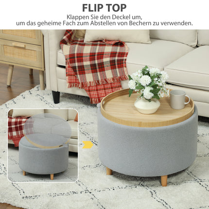 Tabouret rembourré, polaire, rangement caché, couvercle réversible, 56 cm x 56 cm x 42 cm, gris