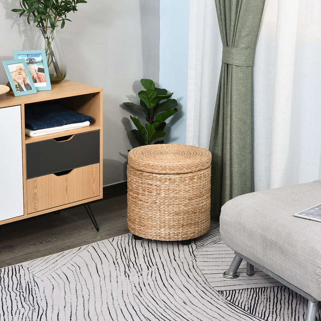 Hocker mit Stauraum, abnehmbarer Deckel, Strohgeflecht, Khaki