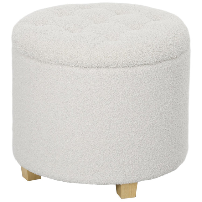 Tabouret avec espace de rangement, tabouret avec couvercle, repose-pieds rond, coffre de rangement, avec pieds en bois, blanc