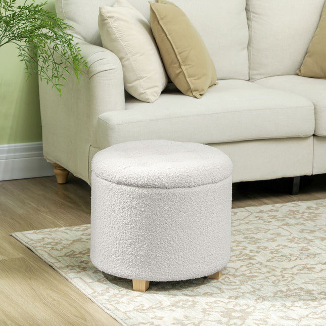 Tabouret avec espace de rangement, tabouret avec couvercle, repose-pieds rond, coffre de rangement, avec pieds en bois, blanc