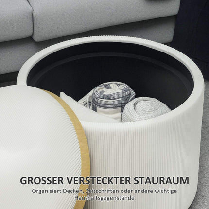 Runder gepolsterter Aufbewahrungshocker, Cremeweiß, 56x56x42 cm