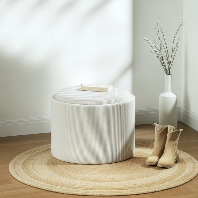 Round upholstered storage stool, Cream white, 56x56x42 cm
