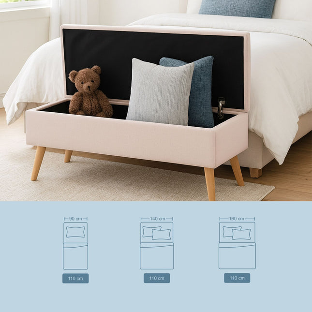 Banc de rangement avec revêtement en lin et pieds en bois