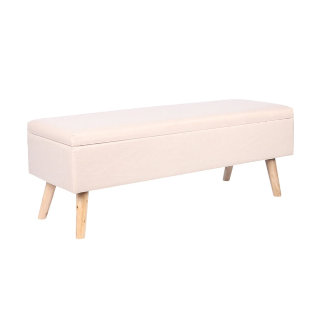 Banc de rangement avec revêtement en lin et pieds en bois