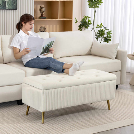 Banc de rangement aspect velours, pieds dorés, capacité 79 L